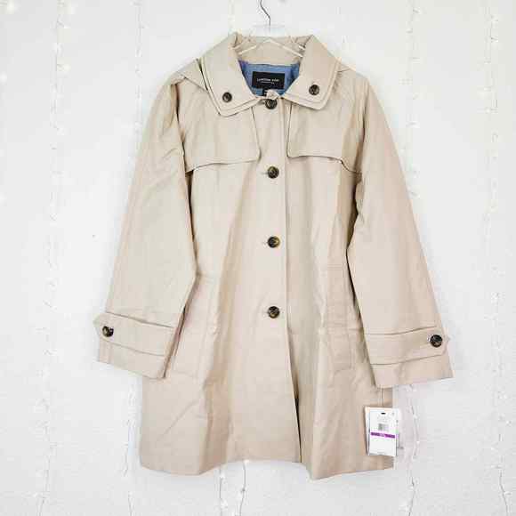 London Fog Jackets & Blazers - London Fog Tan Single Breasted Water Resistant With Hood Trench Raincoat NWT L